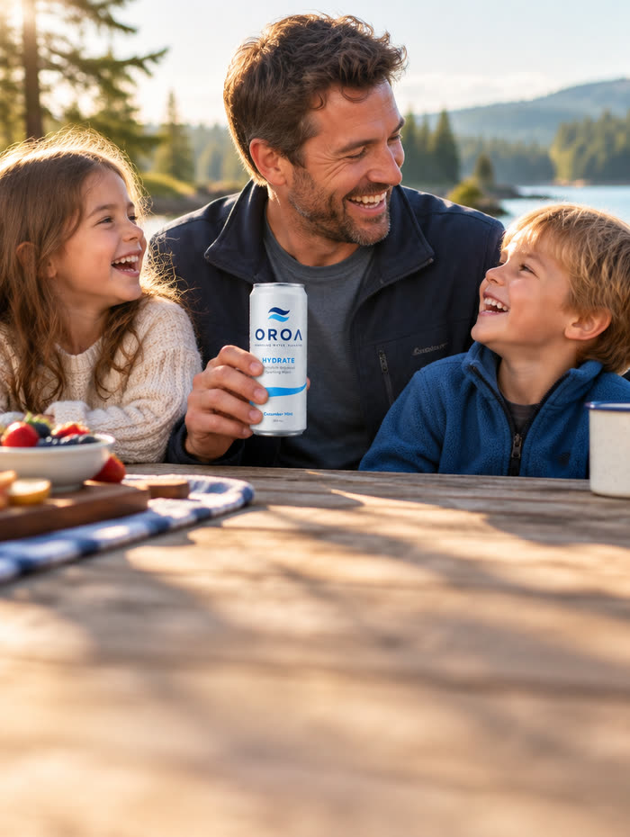 A father laughing with his two children at a lakeside picnic table, holding an OROA HYDRATE can
