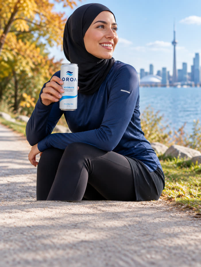 A woman in a hijab resting after a run on a Toronto waterfront path, holding an OROA HYDRATE can