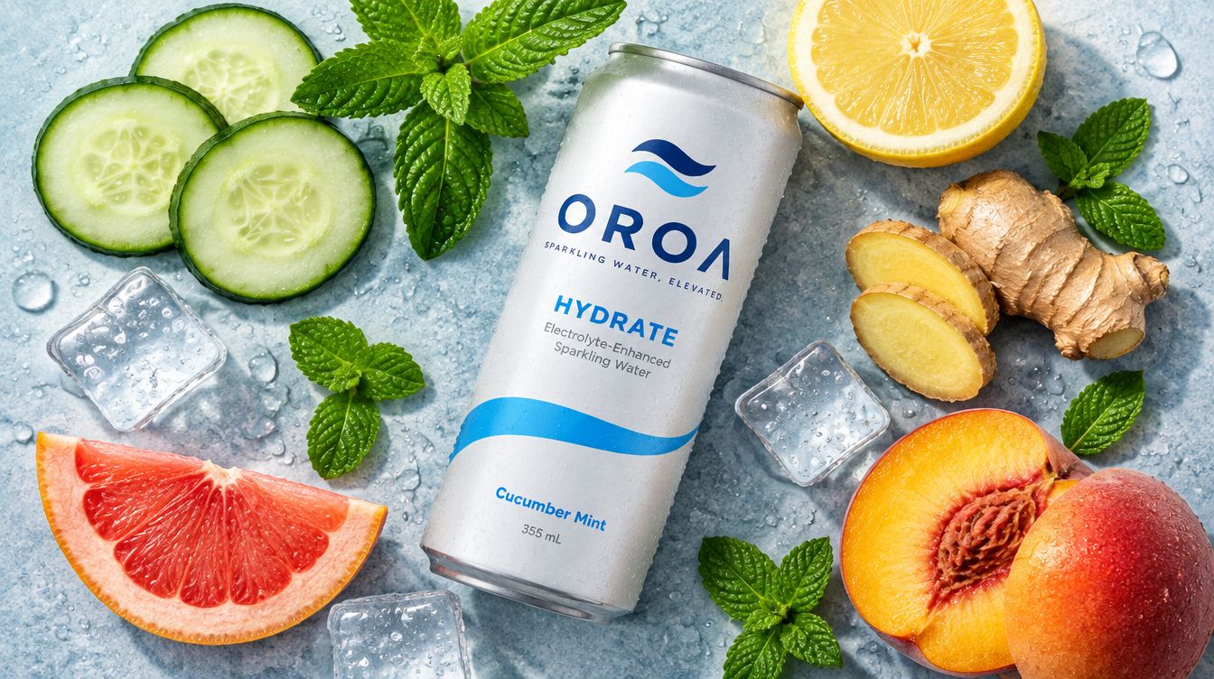 Fresh cucumber, mint, lemon, ginger, peach and grapefruit around an OROA can
