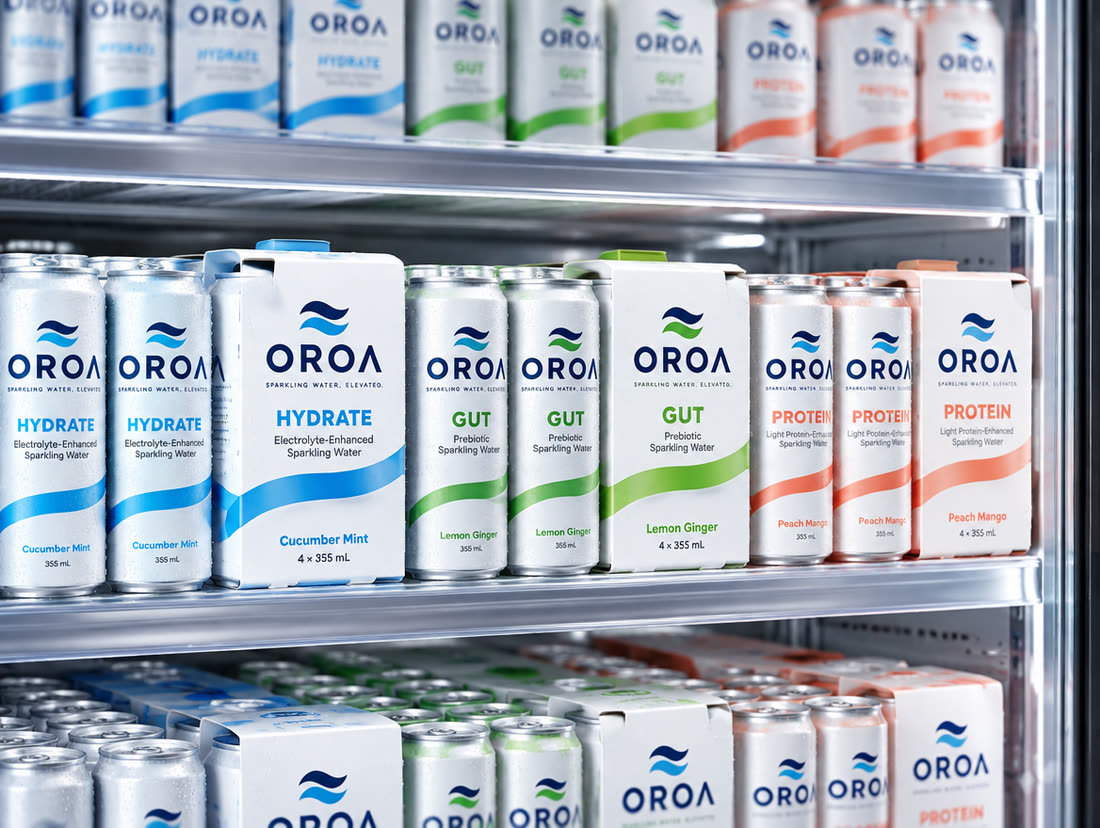 OROA HYDRATE, GUT and PROTEIN cans and 4-packs faced on a chilled grocery shelf