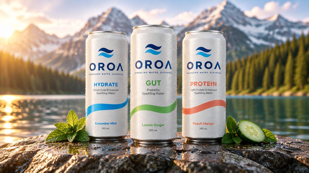 OROA HYDRATE, GUT and PROTEIN cans on a rock at a Canadian mountain lake